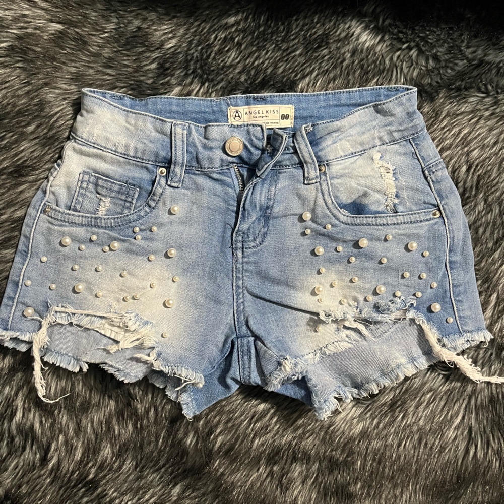 Angel Kiss Light Blue Perls Studded Distressed Denim Shorts NWOT